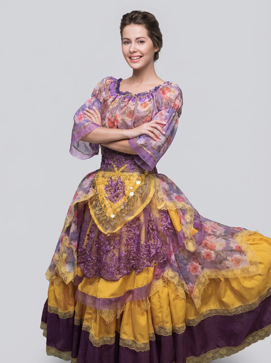 Imagem de inspiração de vestido roxo e amarelo